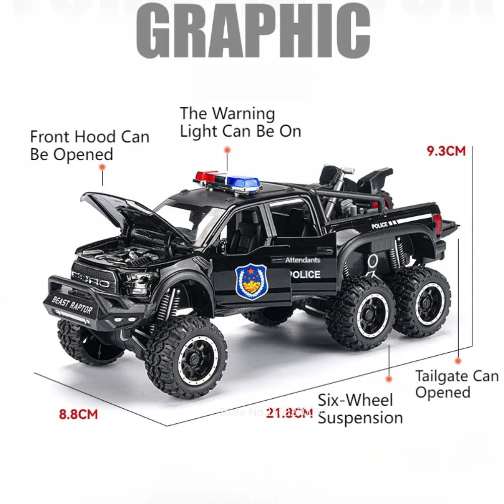 1/28 Raptor F150 Pickup Model Car Toys Diecast Alloy Off-road Police Cars 6 Doors Opened Sound Light Pull Back Toy For Kids Gift