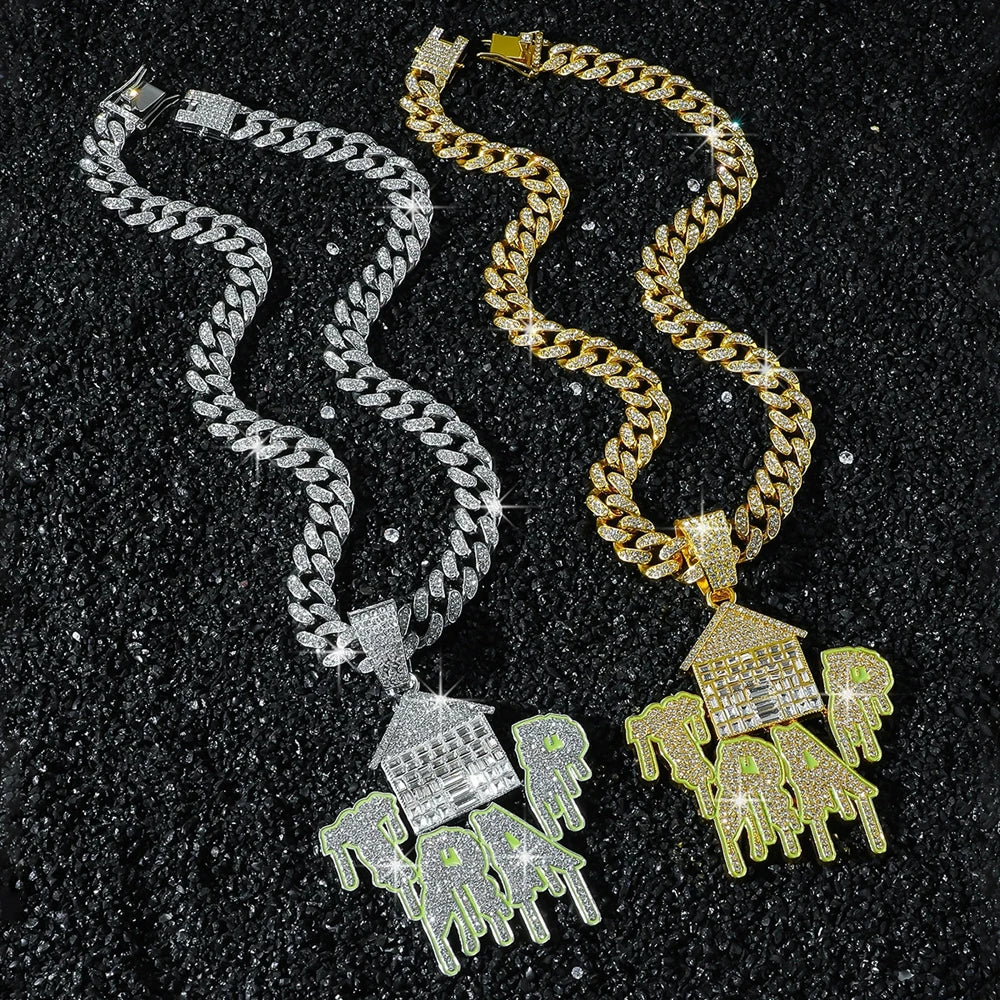 New Men's Exaggerated Trap House Pendant Cuban Necklace Hip Hop Style Iced Out Rhinestone House Letter Necklaces Charm Jewelry