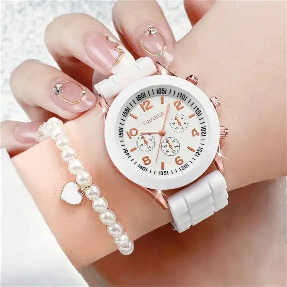 6PCS Women's Watches  Silicone Band Quartz Watch Heart Pearl Jewelry Set W/O box