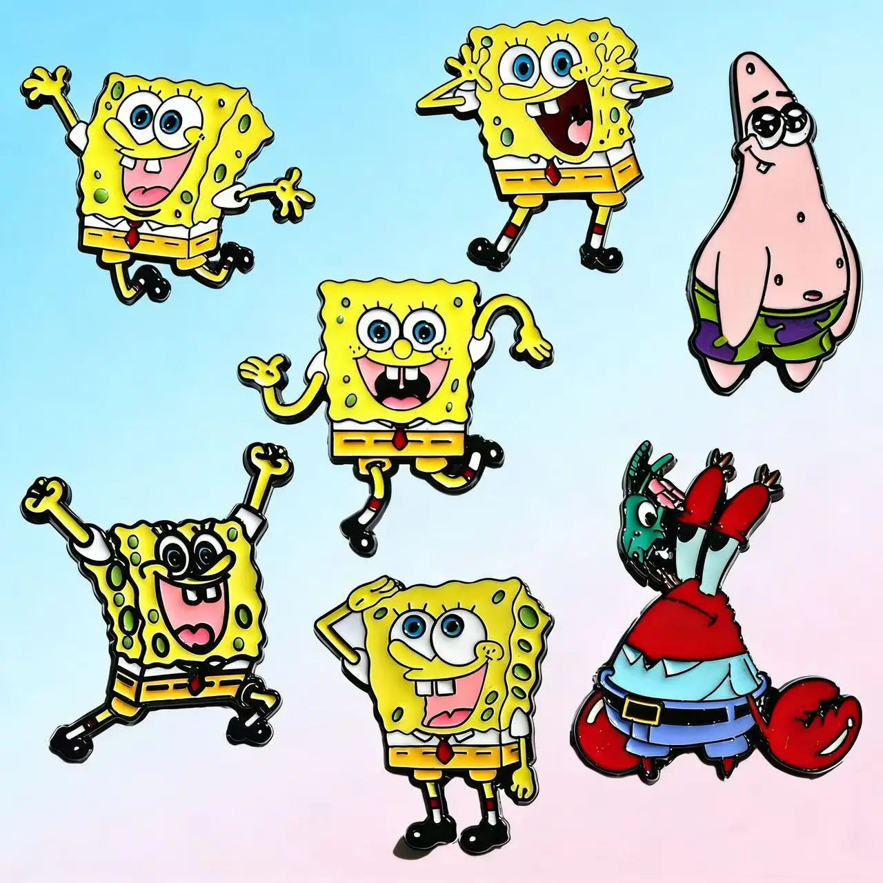 7 PCS SquarePants & Friends Enamel Pin Set – Cartoon Lapel Pins for Backpacks, Jackets, Bags – Cute Collectible Badges for Kids