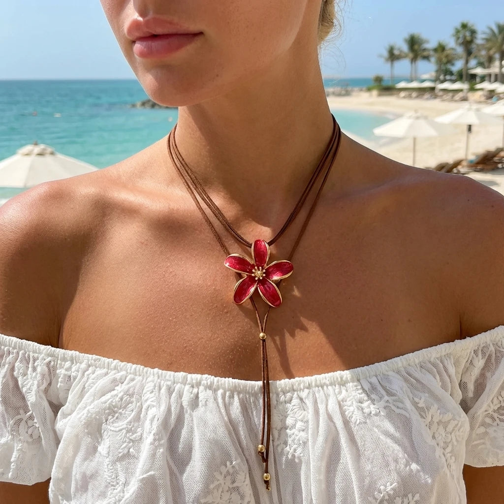 Vintage Five Petal Flower Long Necklace Women Elegant Camellia Style Pendant Sweater Chain Jewelry Gift