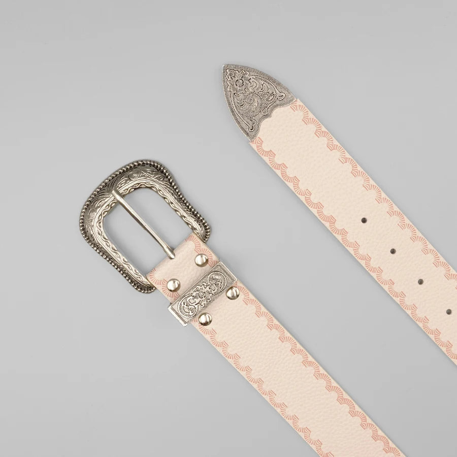 White Border Women's Belt, Solid Color Casual Printed Belt, Silver Carved Alloy Buckle, Suitable for Daily Commuting and Dating