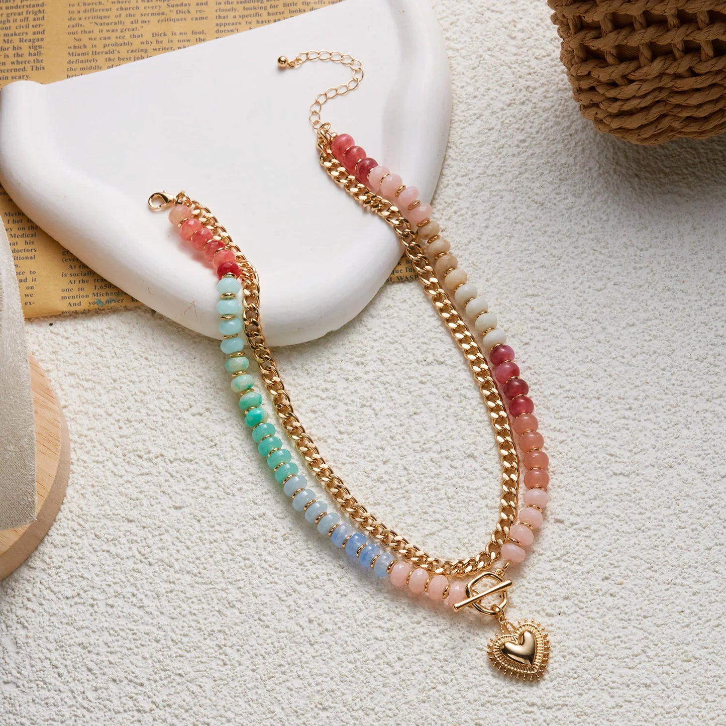 Y2K Dopamine Colorful Beaded Heart Necklace for Women Half Chain Half Bead Chunky Choker Pendant Necklace Statement Jewelry