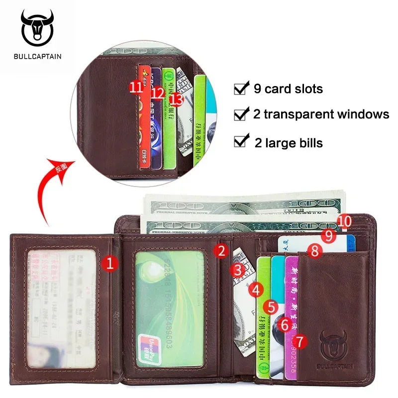 Bullcaptain RFID Leather Men's Wallet with Coin Purse Retro Fashion Men's Wallet Features Brown Short Wallet Card Holder Clutch