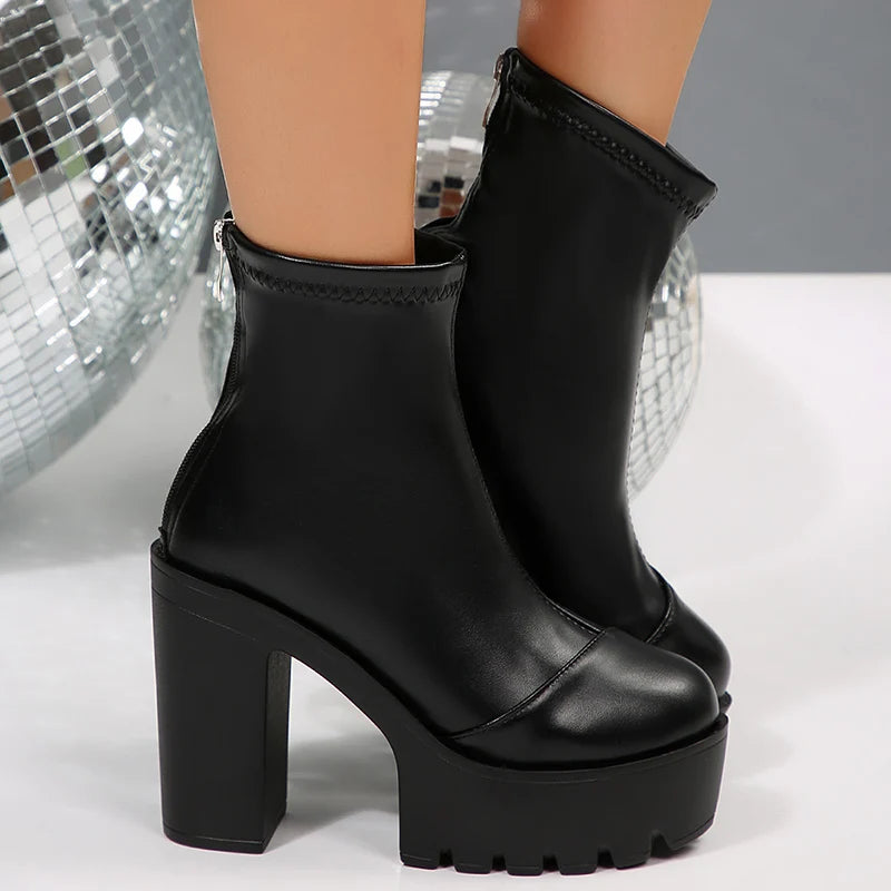Chunky High Heels Ankle Boots Women Fashion Punk Thick Heel Black Short Booties Mujer Back Zipper Pu Leather Goth Boots Female