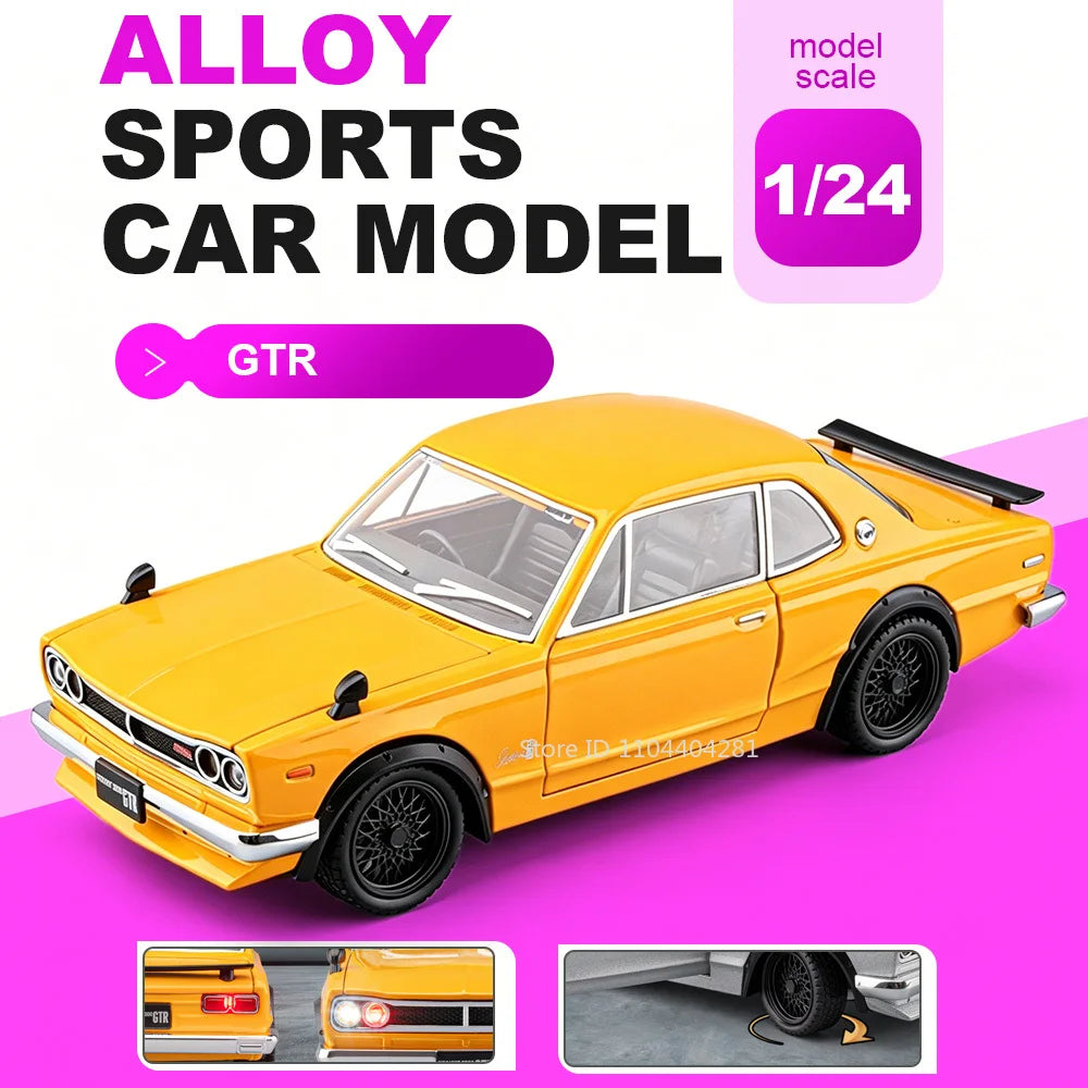 1:24 Skyline GTR R34 Car Model Alloy Diecast Toy Doors Opened Front Wheel Steering Sound Light Pull Back Cars Boys' Collectibles