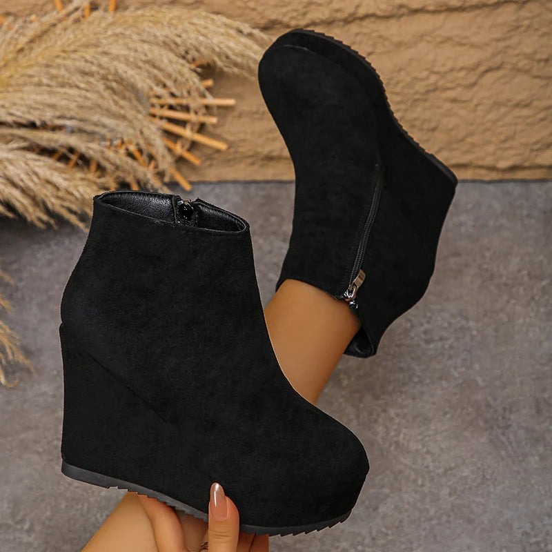 Black Wedge High Heel Ankle Boots Women Faux Suede Chunky Platform Boots Woman 2025 Plus Size 35-42 Zipper Short Booties Mujer