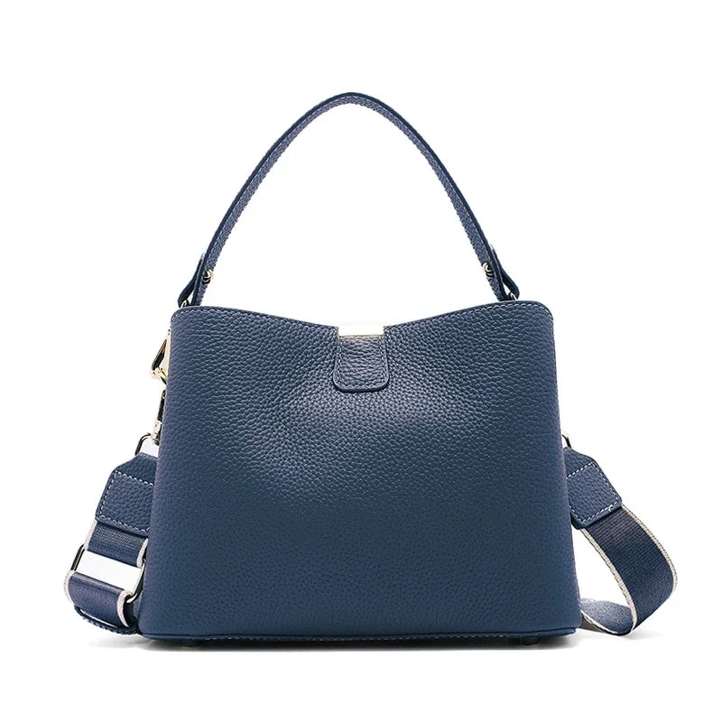 Genuine Cowhide Leather Bucket Bag for Women Luxury Designer Mini Top Handle Crossbody Shoulder Bag with Wide Strap Tote Bag