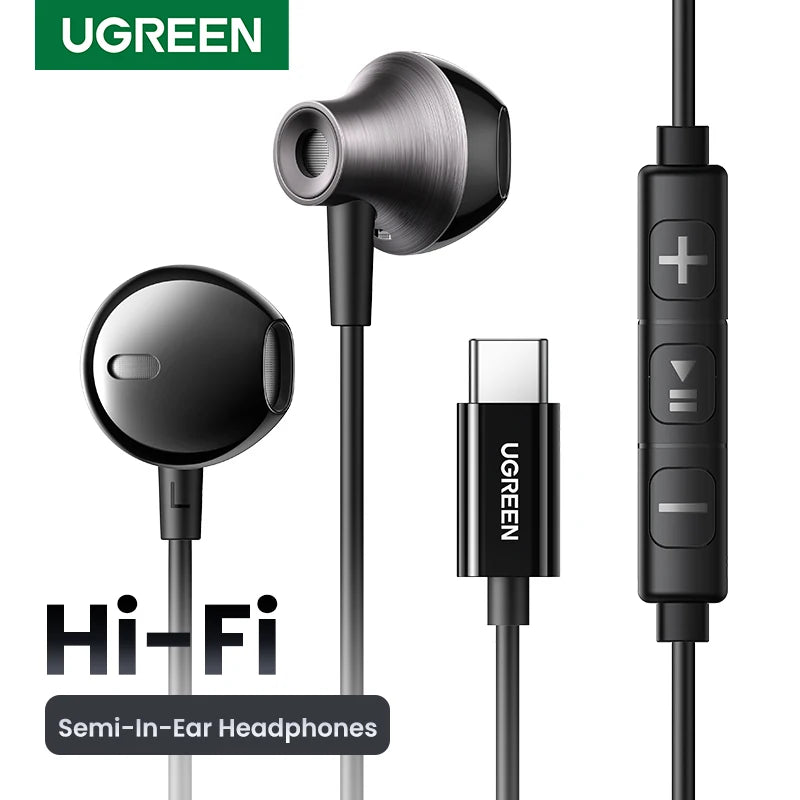 UGREEN Semi-open 3.5mm USB Type C Wired Earbuds with Microphone, Wired Earphones Headphones HiFi Stereo,For Most with 3.5mm Jack