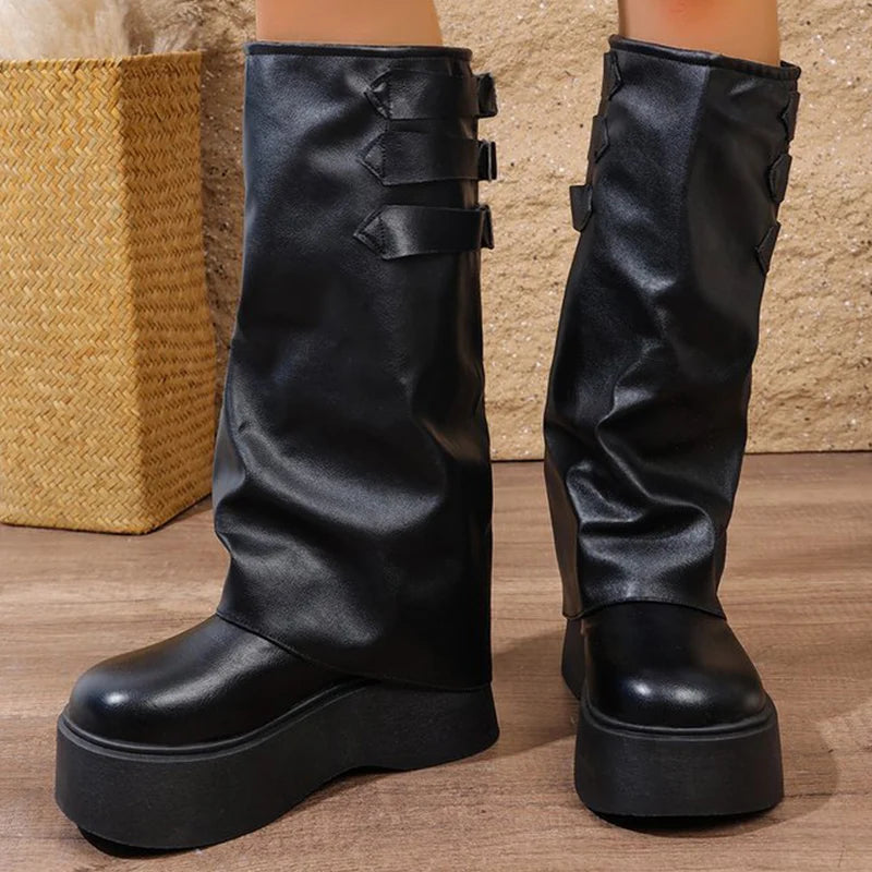 Punk Style Chunk Heel Boots for Women 2025 Fashion Black Rivet Detor Mid Calf Boots Woman Pu Leather Platform Botas Mujer
