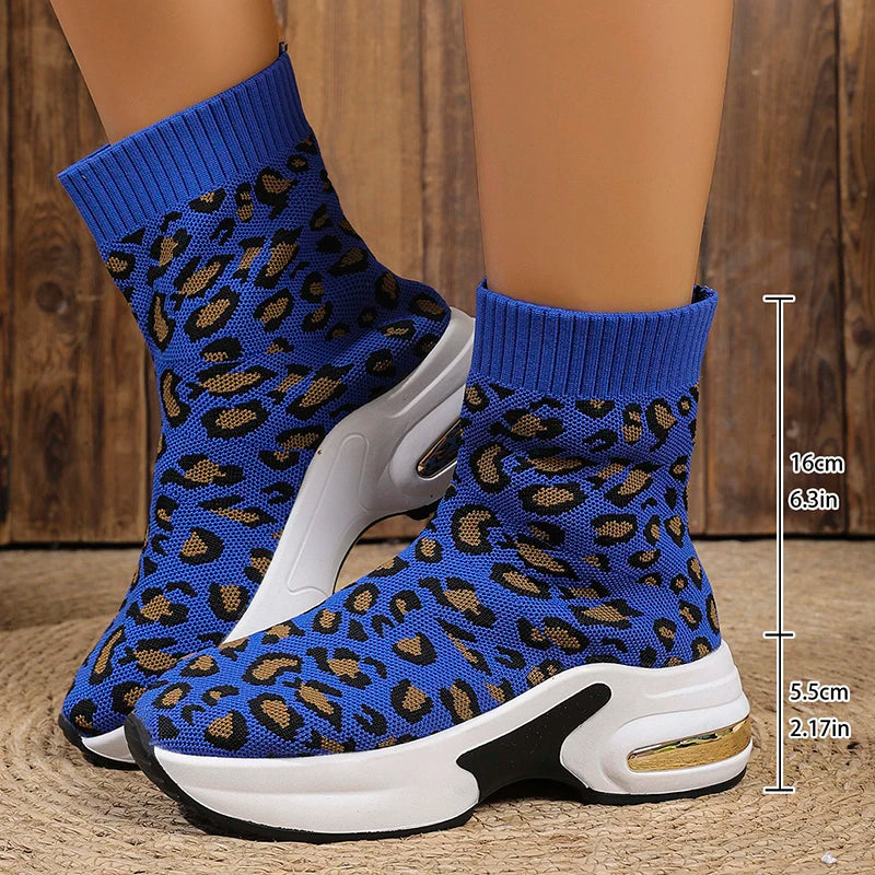 Fashion Leopard Print Platform Ankle Boots Women Comfy Slip On Breathable Knitted Boots Woman Plus Size 35-43 Wedges Short Boots
