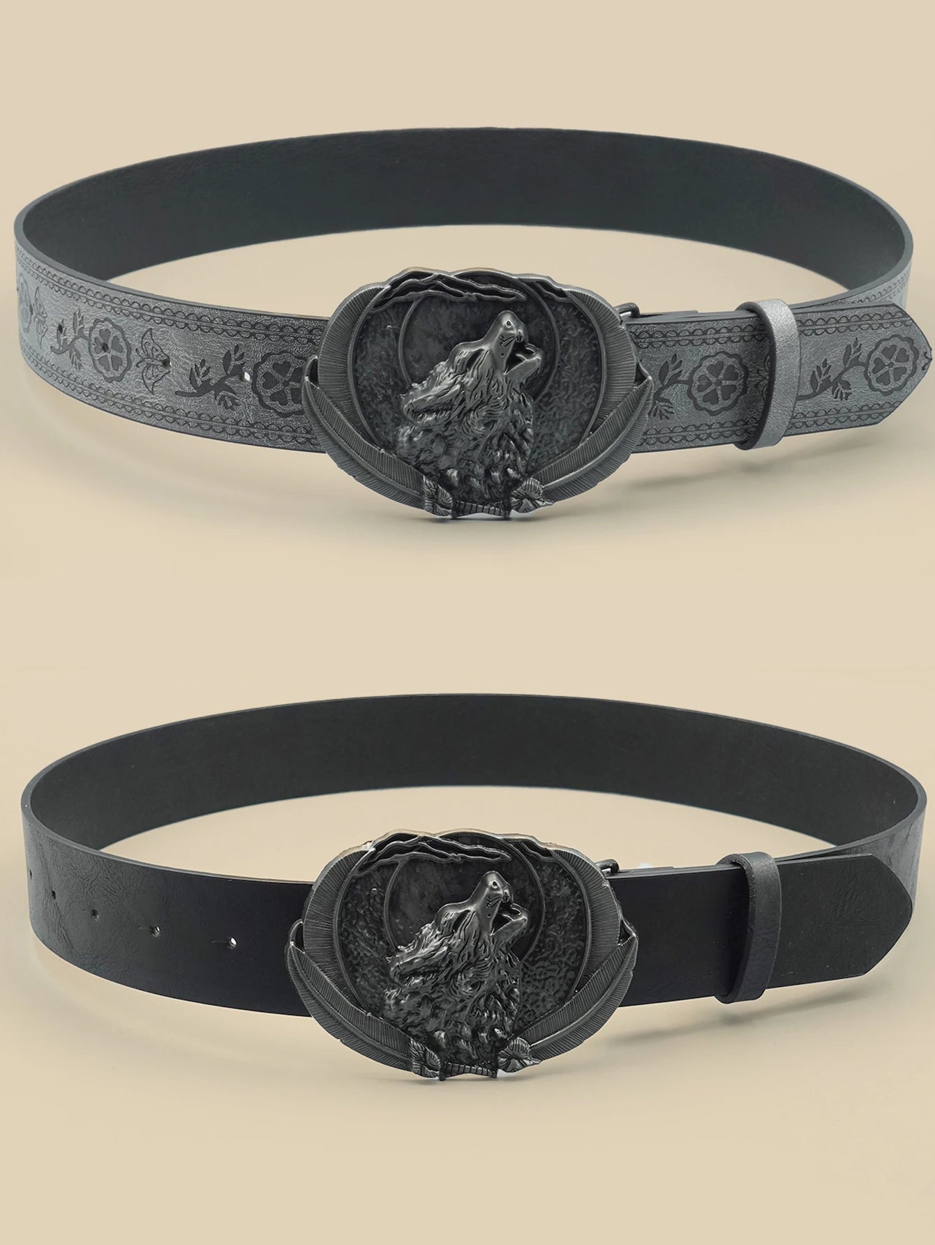 Men Vintage Western Wolf Buckle Streetwear Casual Pu Leather Belt