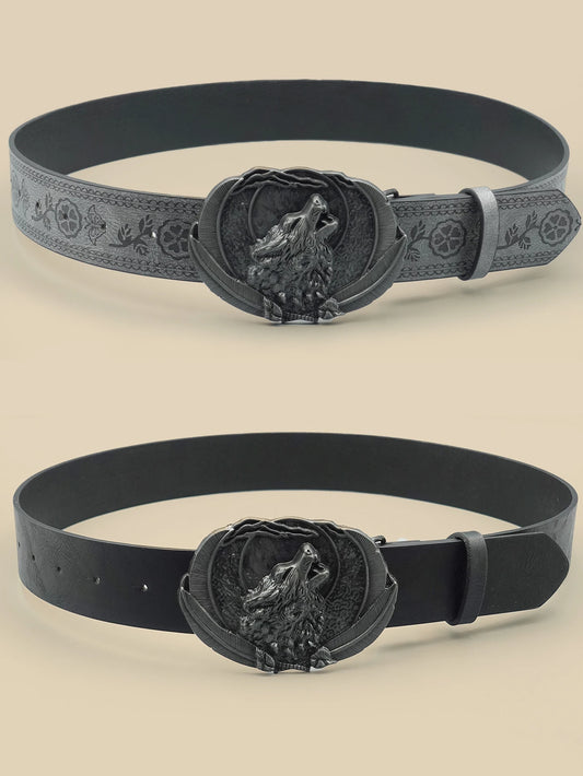 Men Vintage Western Wolf Buckle Streetwear Casual Pu Leather Belt