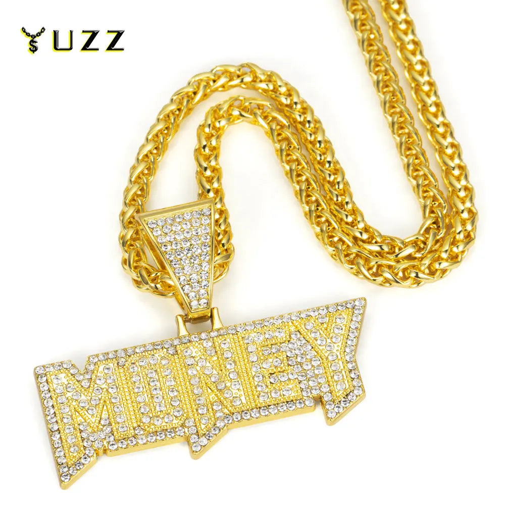 Men's Luxury Iced Out Bling Letter Money Pendants Necklace With Long Twist Rope Chain For Woman Men Hip Hop Jewelry Gift for Him