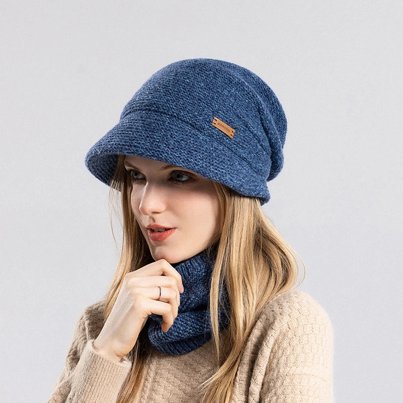 Xinbaoguan 100% Acrylic 8416 Winter Warm and Fleece Cold Protection Set for Women with brimmed Ear Protection Knitted Wool Hat