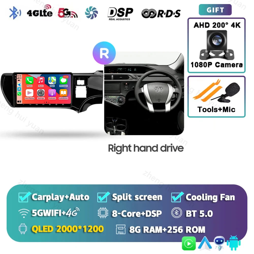 Android 15 CarPlay Auto For Toyota Aqua LHD RHD 2011 - 2017 Car Radio Multimedia navigation video DVD Autoradio Stereo 2din 4G