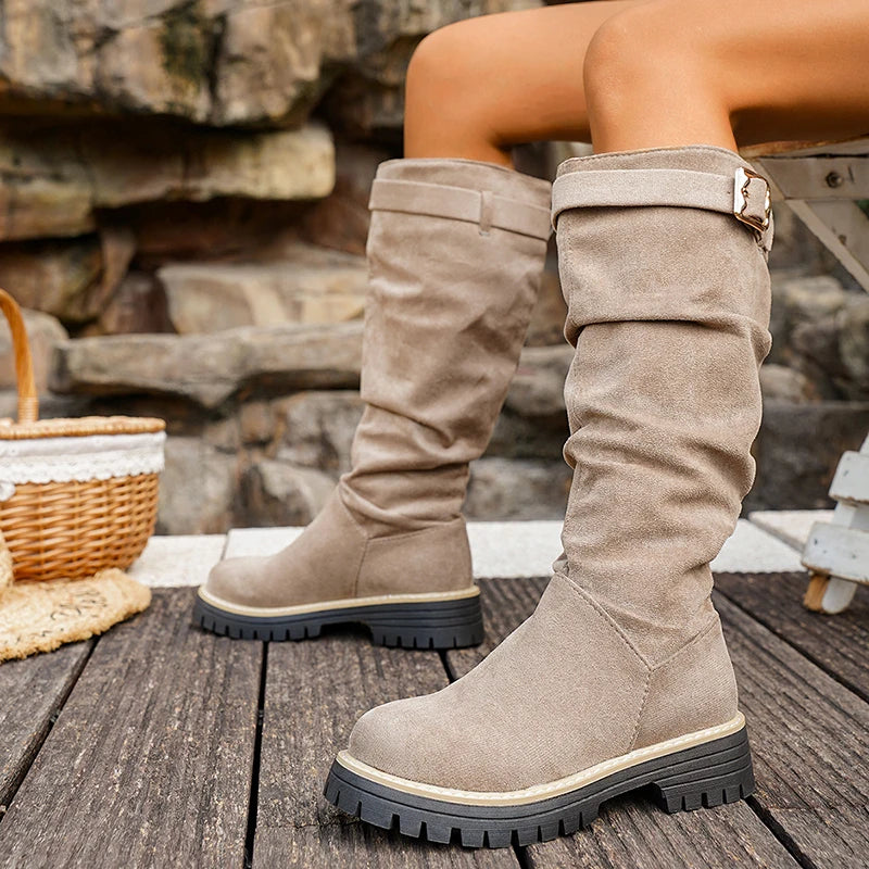Buckle Decor Black Flock Knee High Boots Women Plus Size 43 Slip On Platform Long Boots Woman Autumn Winter Thick Sole Botas