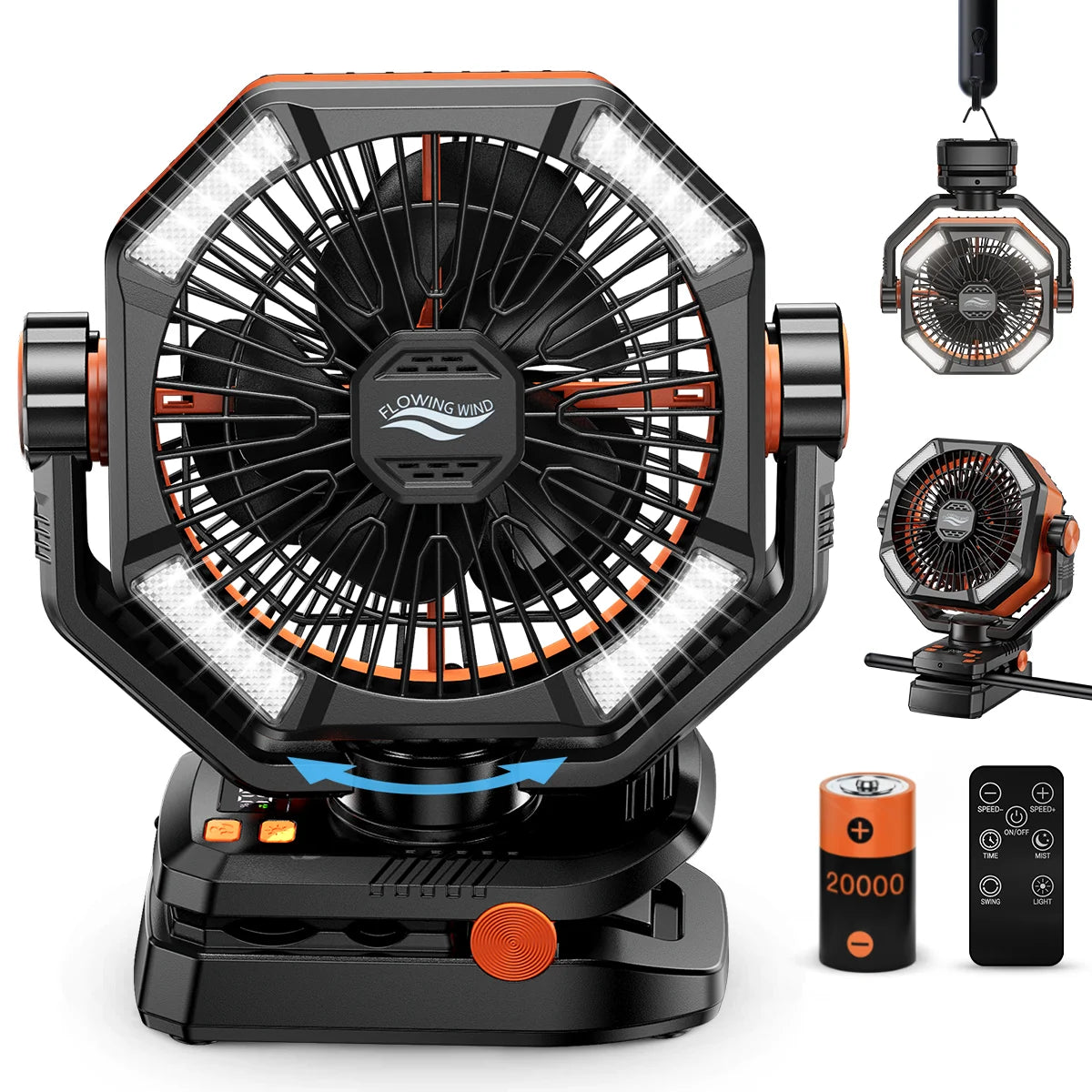 Orange 20000mAh Battery Camping Fan, 4 LED Lantern 8 Speed Desk Fan Portable Fan