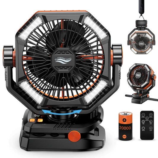 Orange 20000mAh Battery Camping Fan, 4 LED Lantern 8 Speed Desk Fan Portable Fan