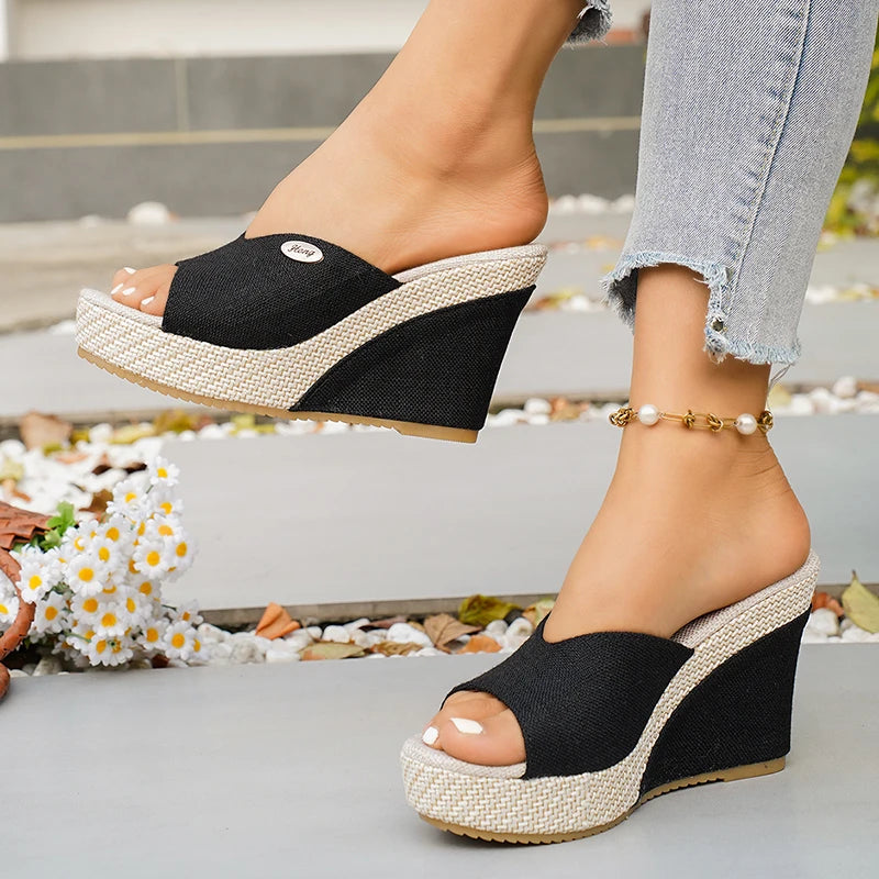 Plus Size 42 Chunky Platform Slippers Women 2026 Summer Slip On Wedge Heel Sandals Woman Fashion Peep Toe Thick Sole Sandalias