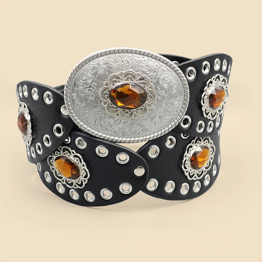 Black Vintage European Style Women's Belt - Rhinestone Inlaid Openwork Carving Design, Wide Fashion Waist Accessory