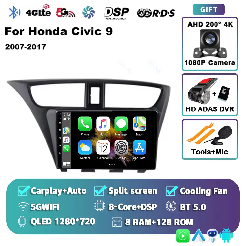 Carplay Android 14 Car Radio for Honda CIVIC 9 2011-2017 Qualcomm mulitmedia Video player Autoradio GSP Navigation Stereo screen