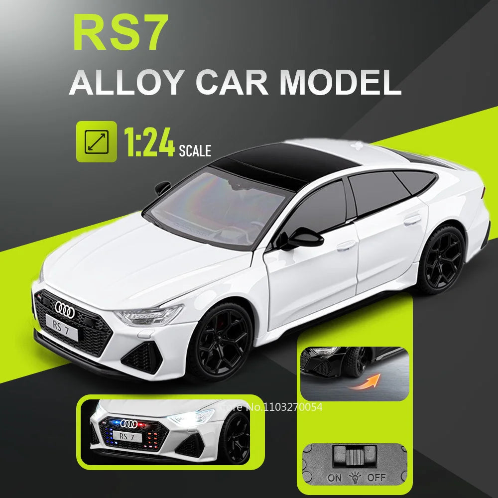 1:24 RS7 RS6 Miniature Car Model Diecast Alloy Toy Front Wheel Steering with Sound Light Pull Back Vehice Bookshelf Collectibles