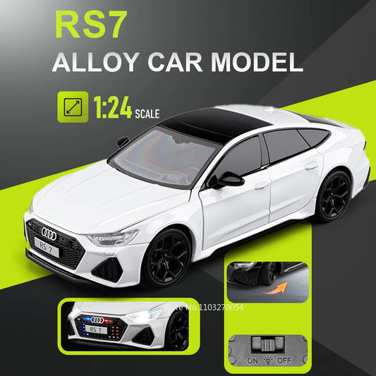 1:24 RS7 RS6 Miniature Car Model Diecast Alloy Toy Front Wheel Steering with Sound Light Pull Back Vehice Bookshelf Collectibles