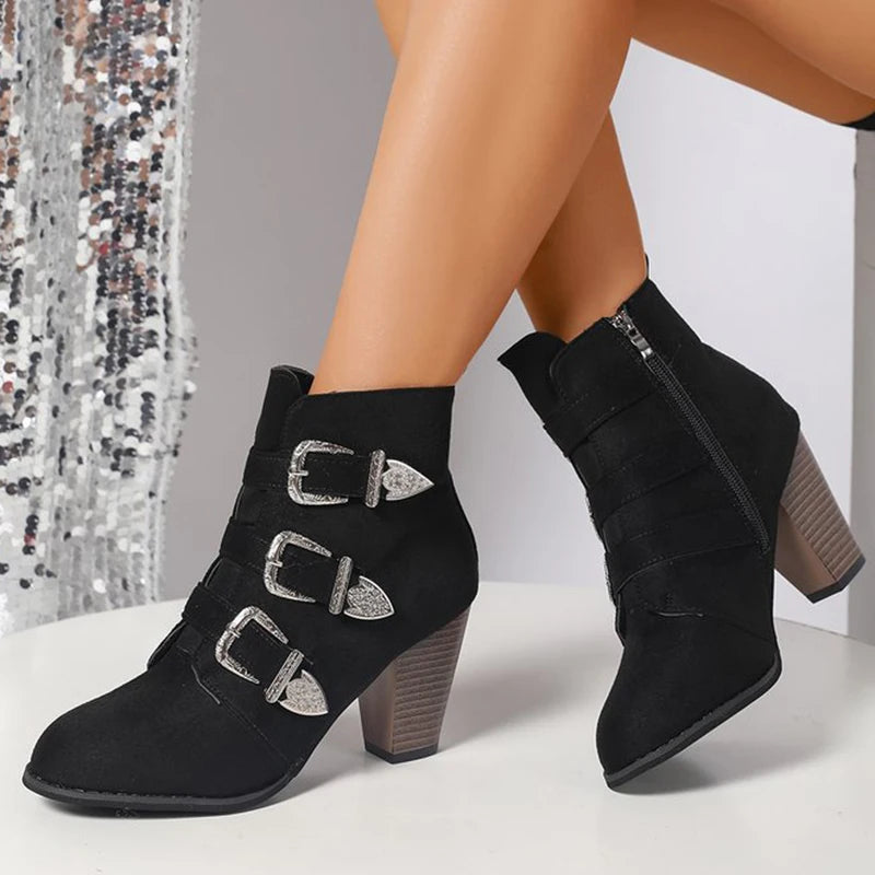 Fashion Buckle Decoration Boots Women Spring Autumn Plus Size Faux Suede Ankle Boots Woman Side Zipper High Heel Botas Ladies