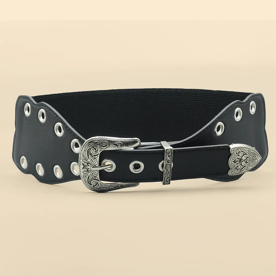 Y2K Style Eyelet Women's Patchwork Belt, Silver Carved Alloy Buckle, Personalized and Fashionable Women's Belt