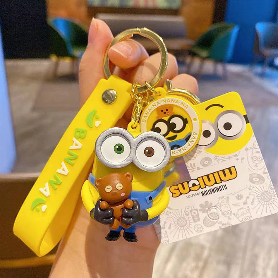 Kawai Minions Keychain Cartoon Toys Model Silicone Pendant Keyring Cosplay Hold