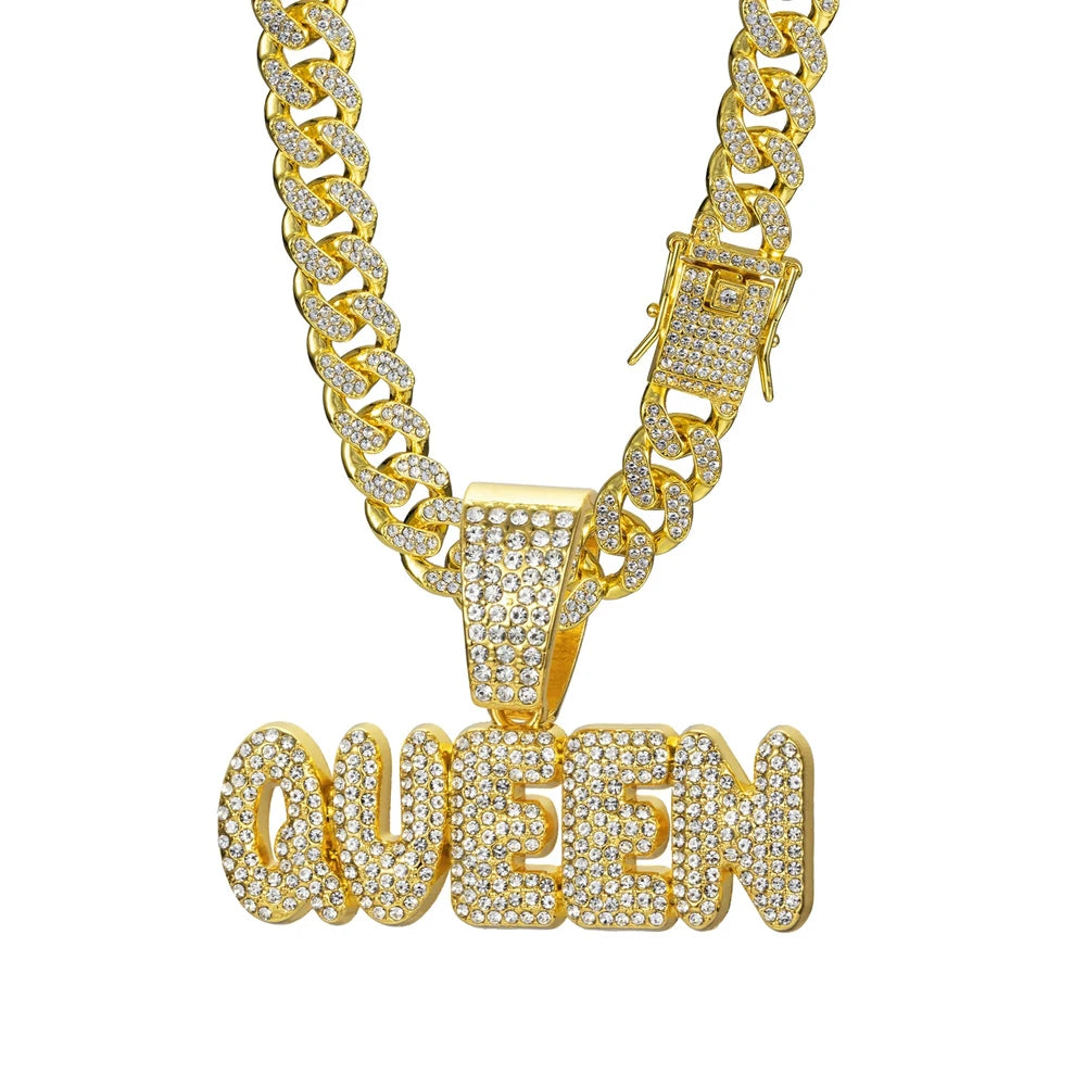 Hip Hop Letter QUEEN Pendant Pave Rhinestone With 13mm Cuban Chain Necklace For Men Fashion Iced Out Crystal Letter Jewelry Gift