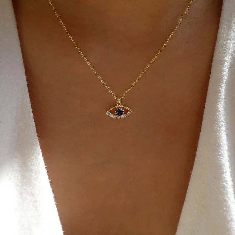 Exquisite Shiny Rhinestone Evil Eye Necklace For Women Vintage Turkish Lucky Blue Eyes Clavicle Chain Necklaces Wedding Jewelry