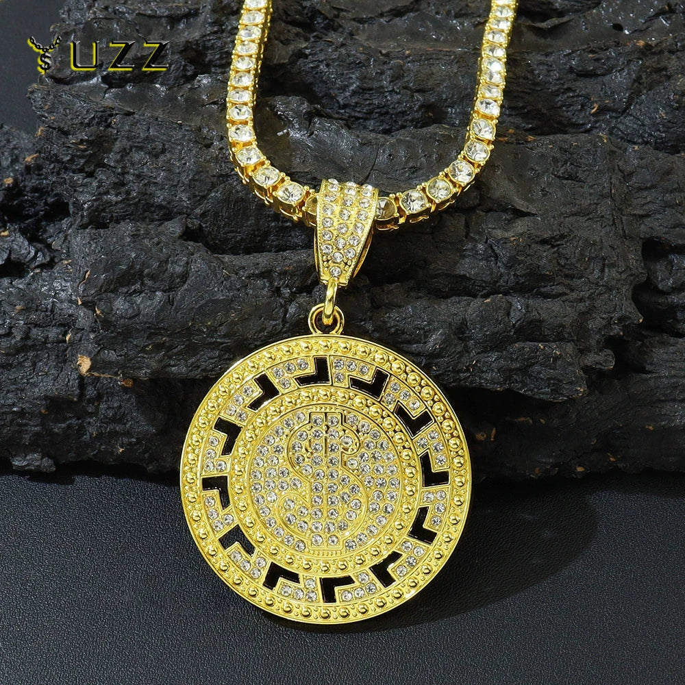 New Men Hip Hop Round US Dollar Money Sign Pendant Necklace With 4mm Tennis Chain Good Luck Necklace Hiphop Couple Gifts Jewelry