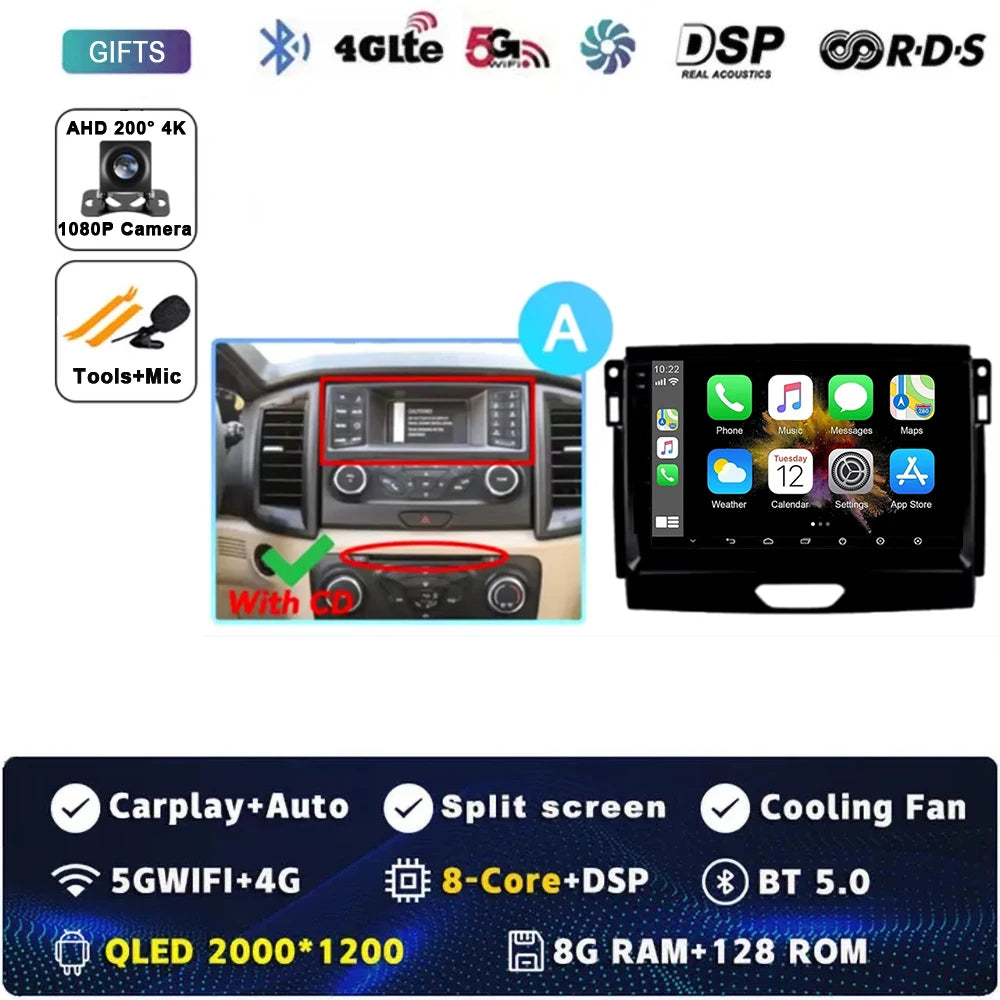 For Ford Ranger 2015 2016 2017 2018 2019-2022 Android 16 Car Radio Stereo QLED Screen GPS Multimedia Carplay Autoradio Head unit