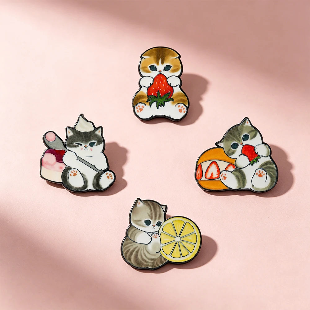 4 pcs Cat Fruit Enamel Pins  Lemon  Brooch Badge Cartoon Animal Jewelry Gift for Children Friends