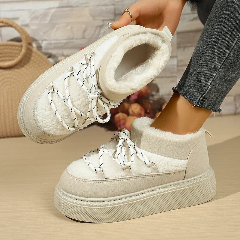 Fashion Lace Up Platform Snow Boots Women 2025 Thicken Plush Warm Winter Boots Woman Thick Sole Non Slip Cotton Padded Shoes