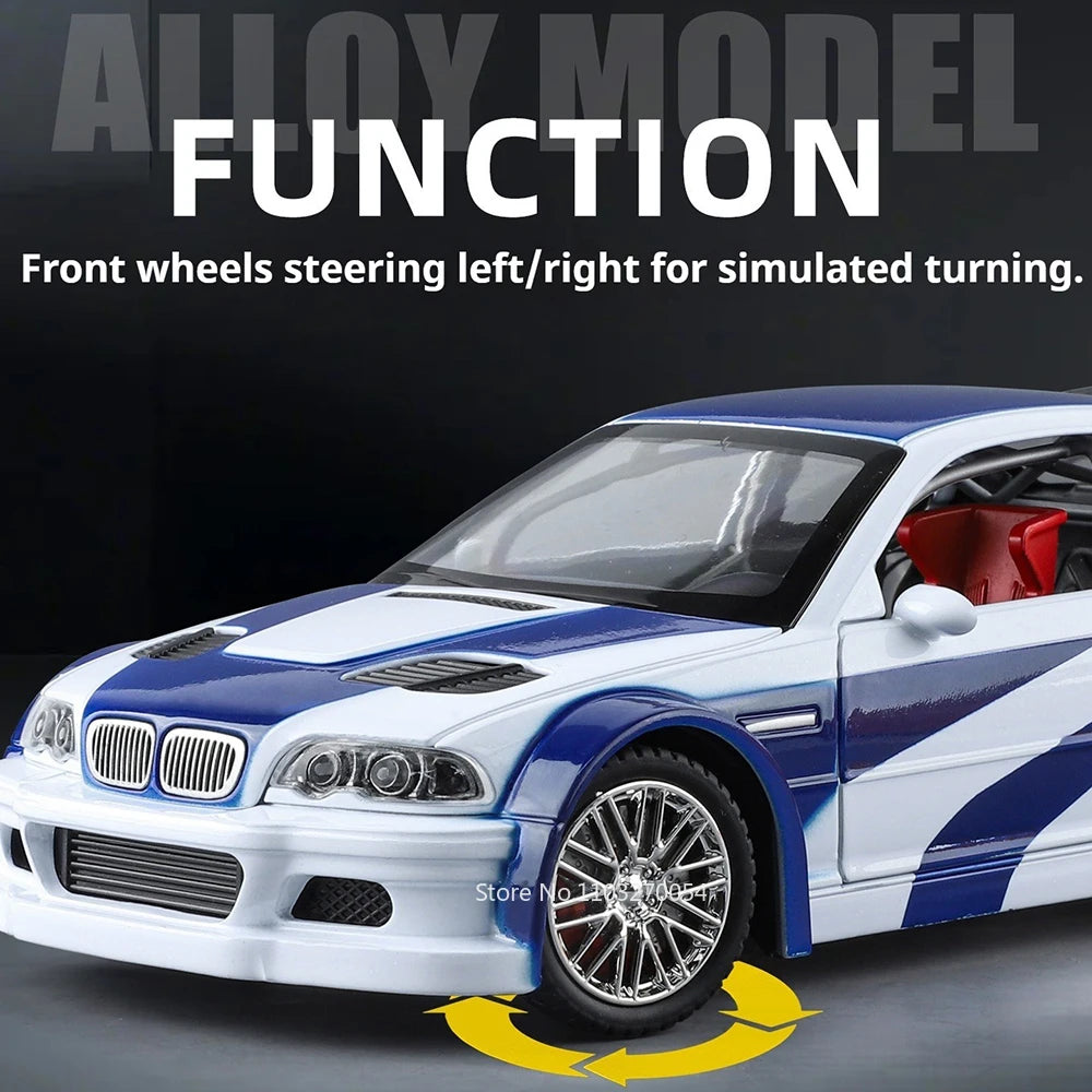1:24 M3 GTR E46 R34 Model Diecast Alloy Sportscar Toys Sound Light Pull Back Front Wheel Steering Vehcie Children's Holiday Gift