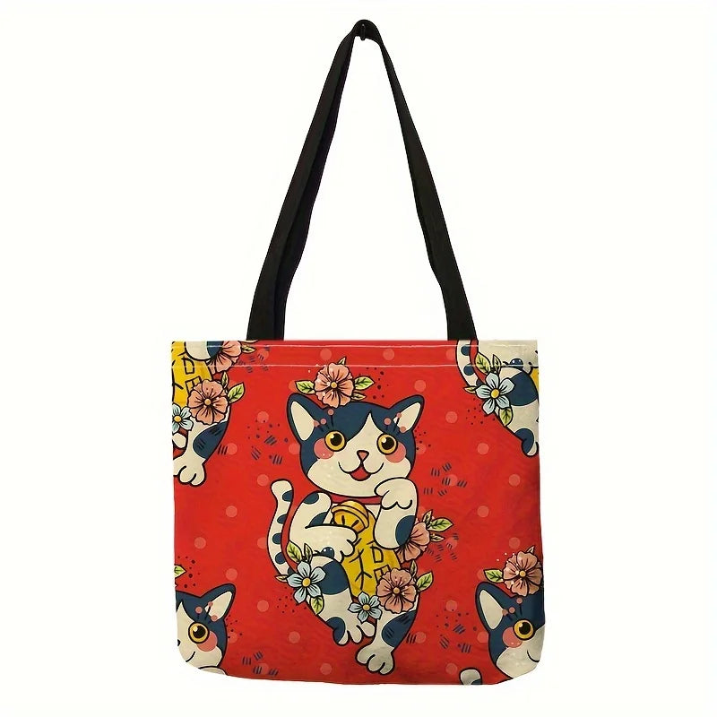 1pc Cute Cat Print Tote Bag, Lucky Fortune Shoulder Bag, Women's Fashion Handbag