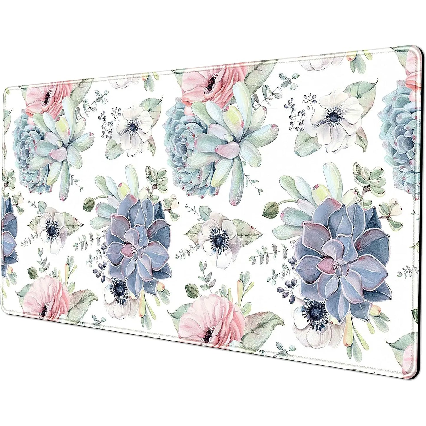 Watercolor Succulents Desk Mat,Gaming Mouse Pad Rubber Base Mousepad with Stitched Edges,Keyboard Mouse Mat for Game/Office/Home