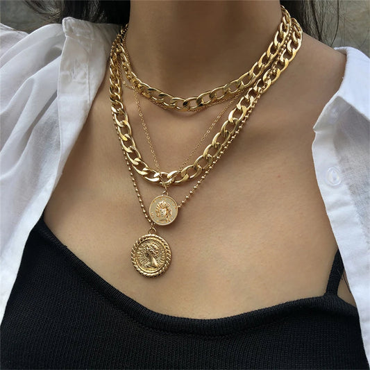 Vintage Punk Gold Color Thick Chain Portrait Coin Pendant Necklace For Women Men Fashion Multilayer Geometric Hip Hop Jewelry
