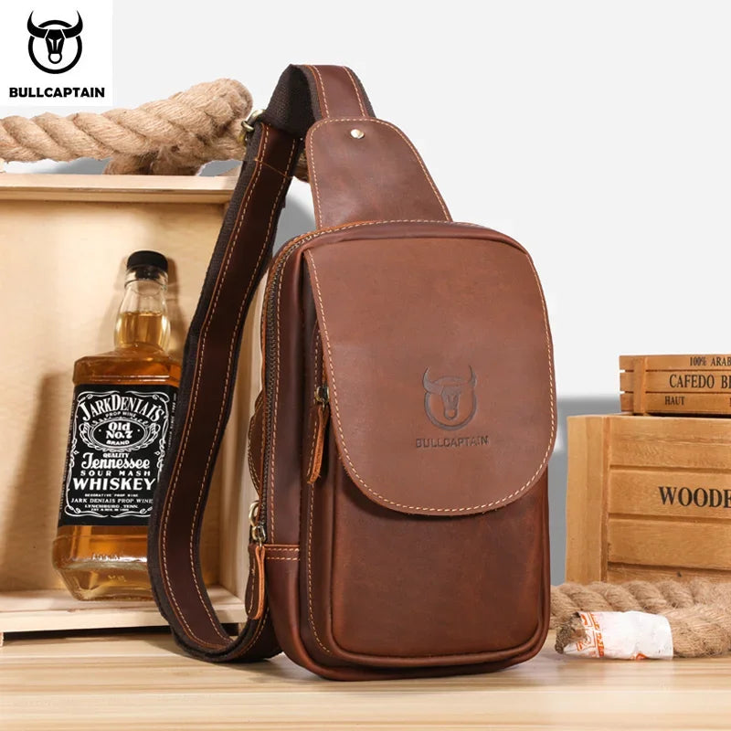 BULLCAPTAIN Men's Crossbody Bags Crazy Horse Leather Chest Bag's Leather Crossbody Bages Retro Men's Zip Pocket Short Travel Bag