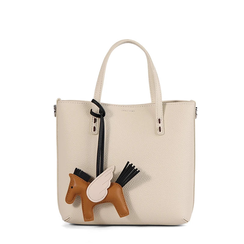 Genuine Cowhide Leather Mini Tote Bag for Women Pebbled Leather Bucket Bag with Horse Charm Luxury Designer Patchwork Handbag