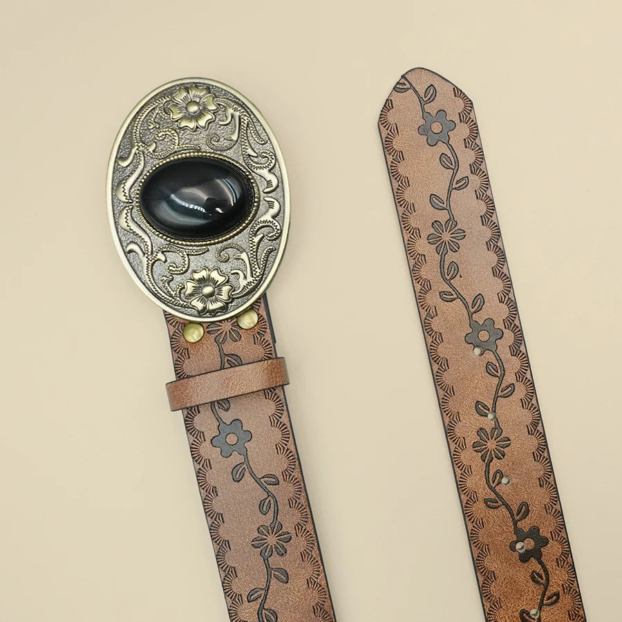 Retro Court Style Black Turquoise Inlaid Women's Belt, Western Denim Style, Niche Women's Belt, Carved Black Gemstone Belt