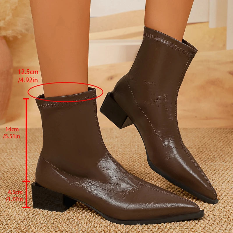 British Style Pointed Toe Ankle Boots for Women Fashion Thick Heels Pu Leather Boots Woman 2025 Slip On Short Booties Mujer