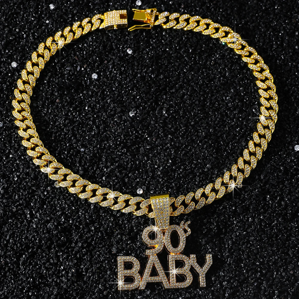 Men Women Hip Hop Full Rhinestone 90 BABY Letter Pendant Necklace Cuban Chain HipHop Iced Out Bling Necklaces Charm Jewelry Gift