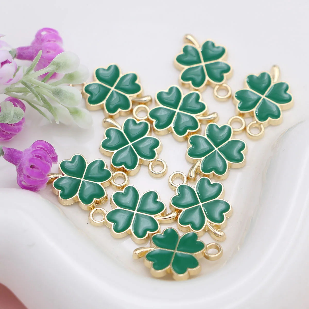10pcs Gold Color Green Enamel Lucky Clover Flower Charm for Jewelry Making Necklace Earrings Bracelet Accessories DIY