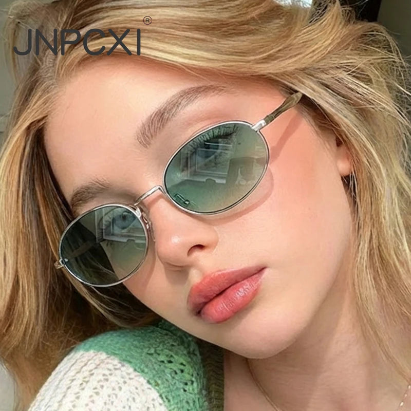 JNPCXI New Vintage Metal Small Oval Punk Women Sunglasses Fashion Green Gradient Shades UV400