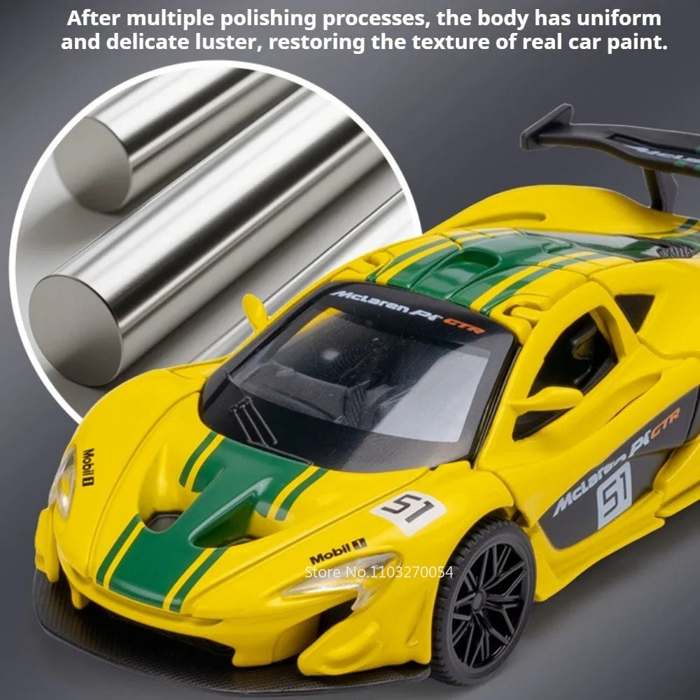 1:43 P1 GTR F1 Miniature Car Diecast Alloy Sports Model Toys with Acrylic Box Rubber Tires Metal Body Vehice Display Items Gifts
