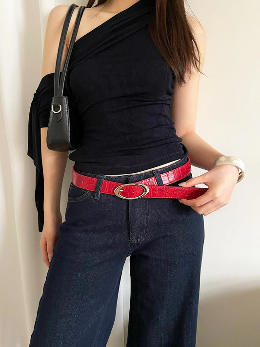 Fashionable Korean Style With Lychee Pattern Women's Belt 2025 Red High-End Versatile Simple Ins Style Decoration Belt Trend